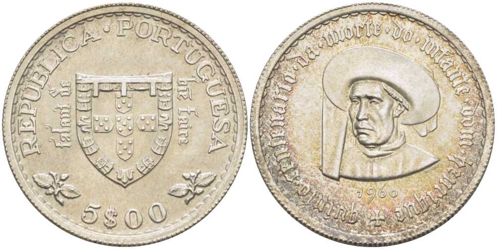 ПОРТУГАЛИЯ 5 ЭСКУДО 1960 500 ЛЕТ СО ДНЯ СМЕРТИ ПРИНЦА ГЕНРИ НАВИГАТОРА KM 587 серебро 1521-1234