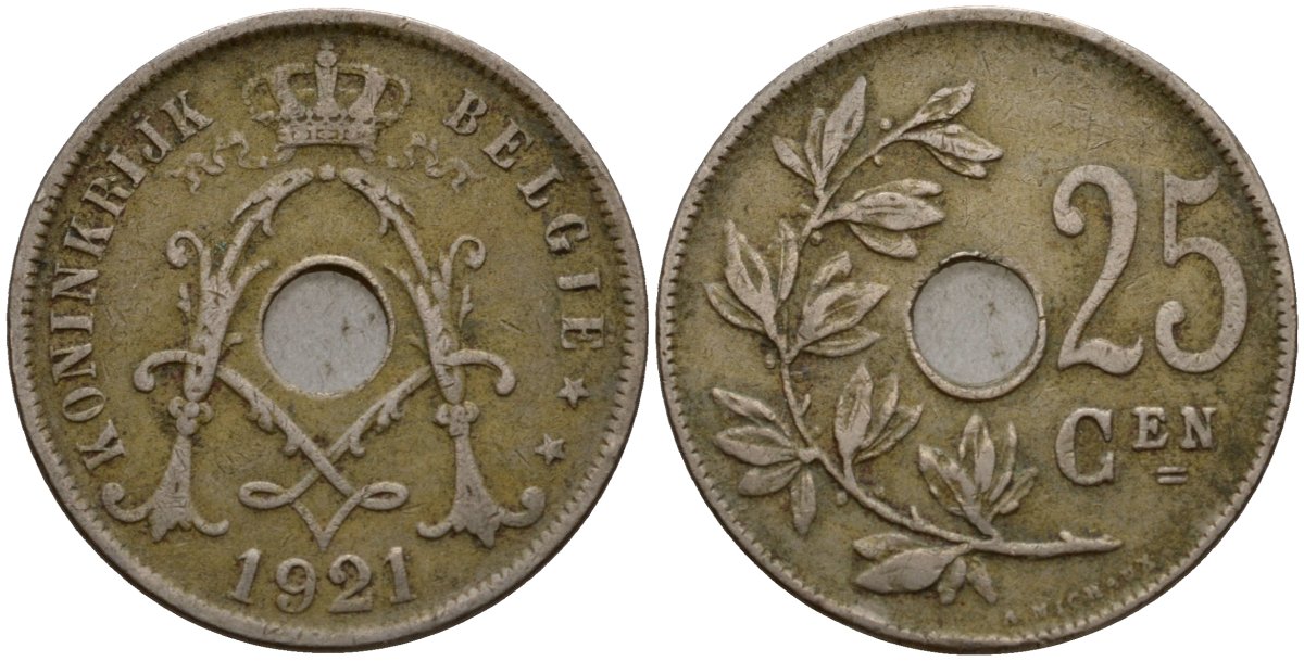 Бельгия 25 сантимов 1921 Belgie KM 69 медно-никель 33-1135