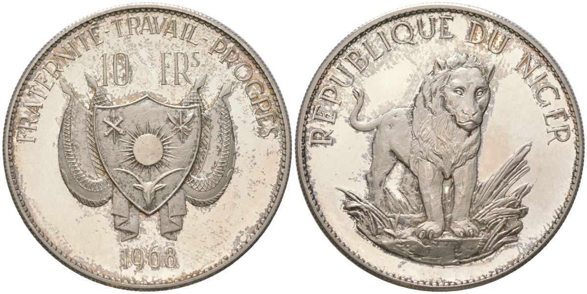 Нигер 10 франков 1968 Лев KM 8.1 серебро PROOF 11-244-43