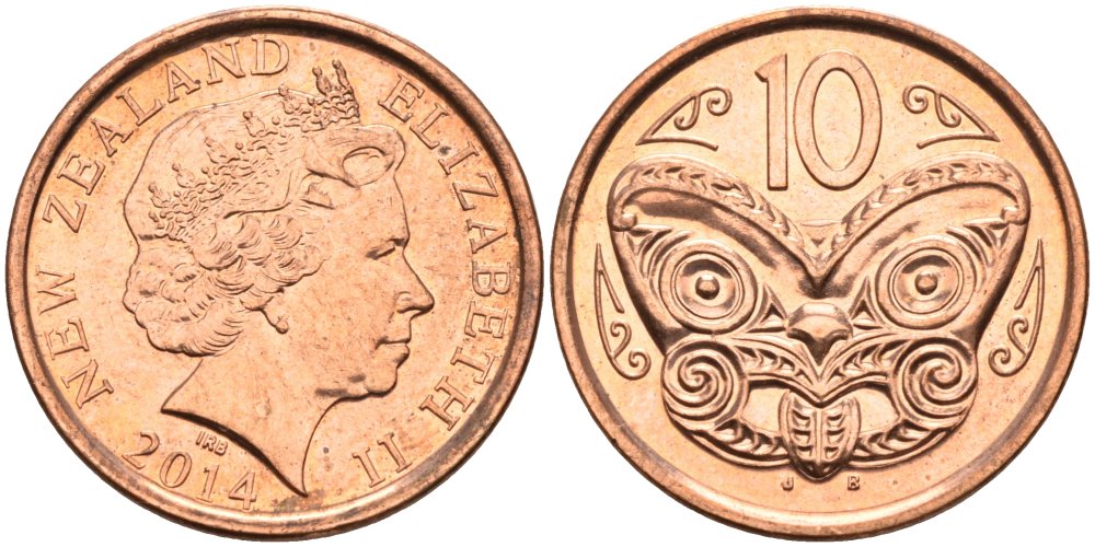 Новая Зеландия 10 центов 2014 маска Маори, Елизавета II (1952-) KM 117а сталь плакированная медью 65-757