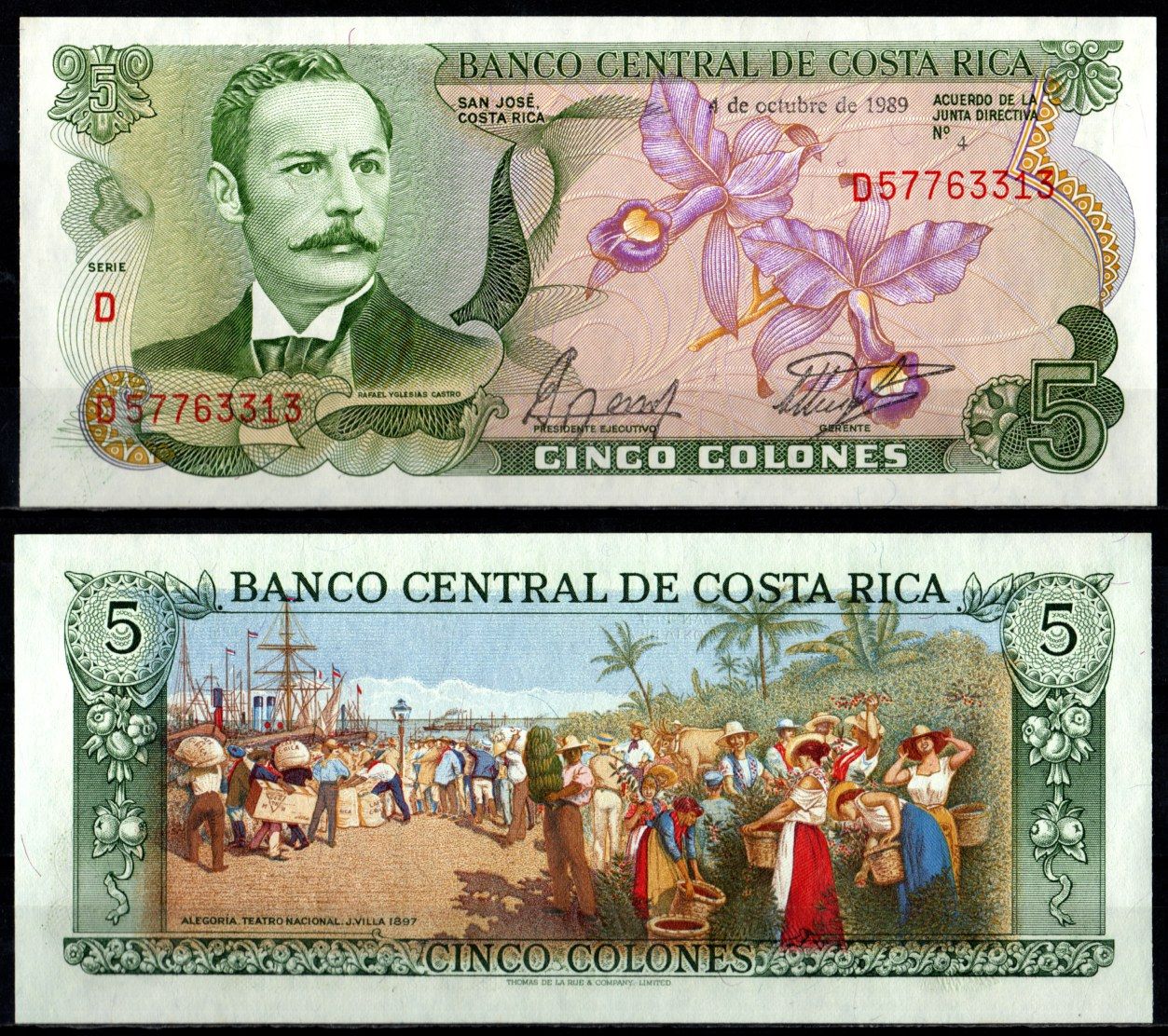 Коста-Рика 5 колон 1989 Pick 236 d бумага aUNC 7191-2-2-2