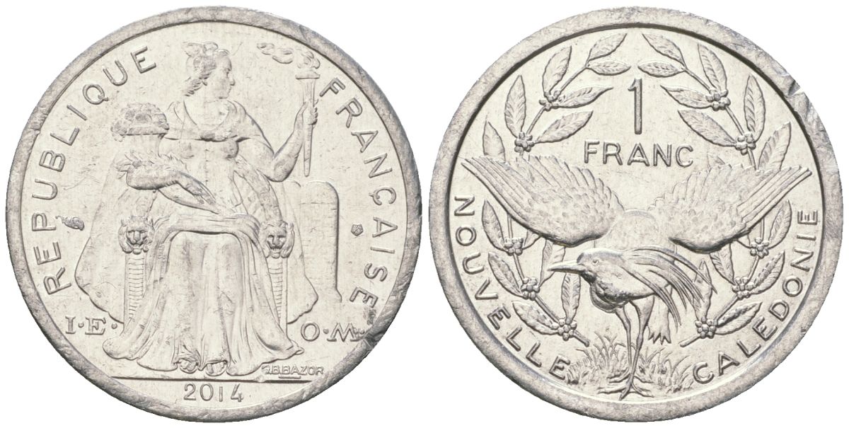 Французская Новая Каледония 1 франк 2014 птица кагу, (IEOM) KM 10, Schoen 10 алюминий 33-415
