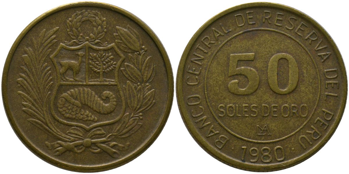 Перу 50 солей 1980 LIMA KM 273, Schon 83 латунь 4565-515