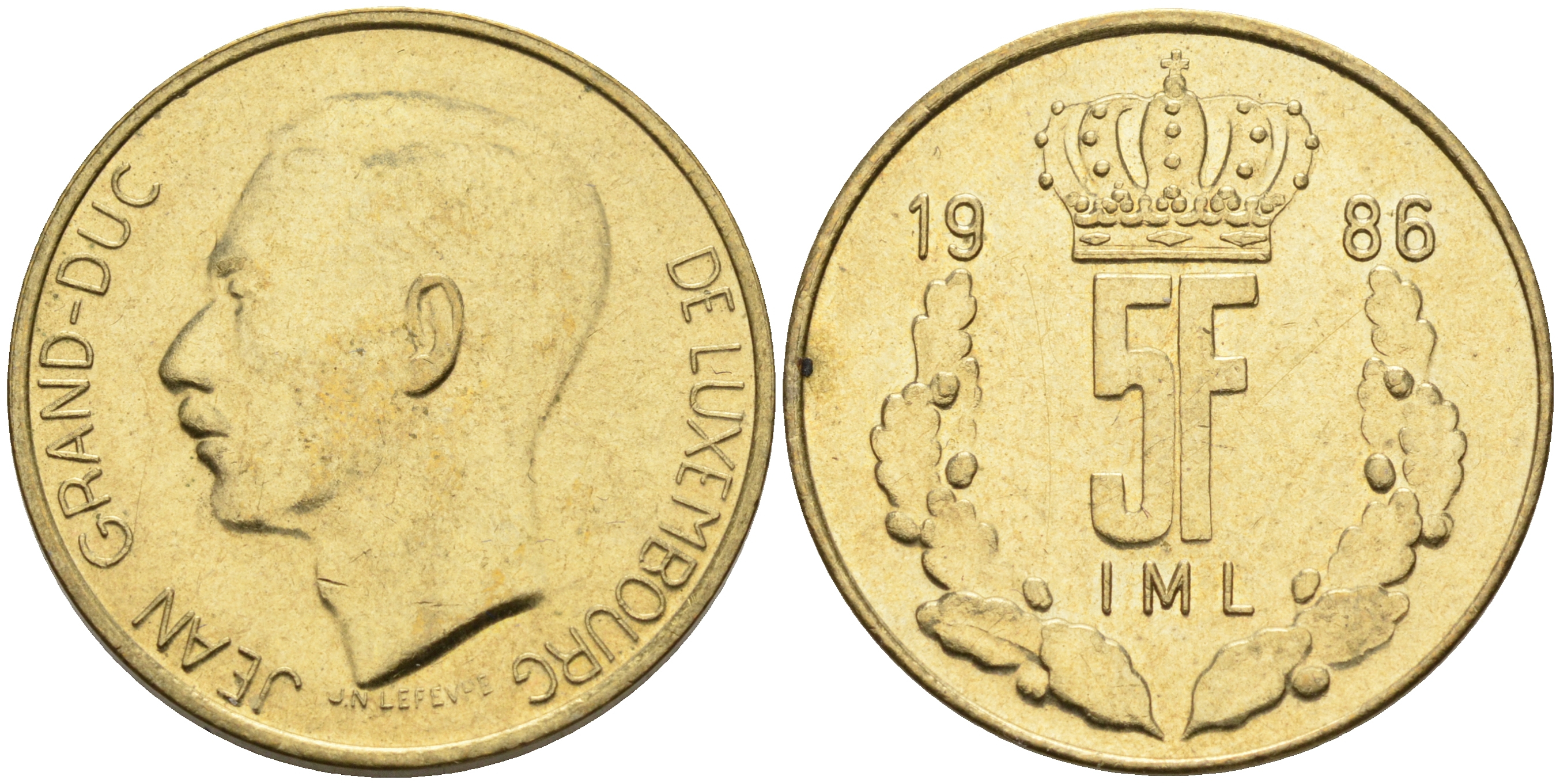 Люксембург 5 франков 1986 Великий герцог Жан (1964-1999) KM 60.1 латунь 63-732