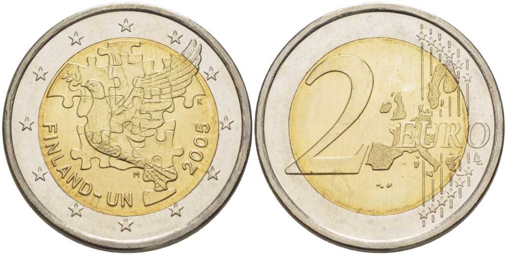 Финляндия 2 евро 2005 60 лет ООН, 50 лет членству Финляндии в ООН, голубь мира KM 119 биметалл UNC 25-2353