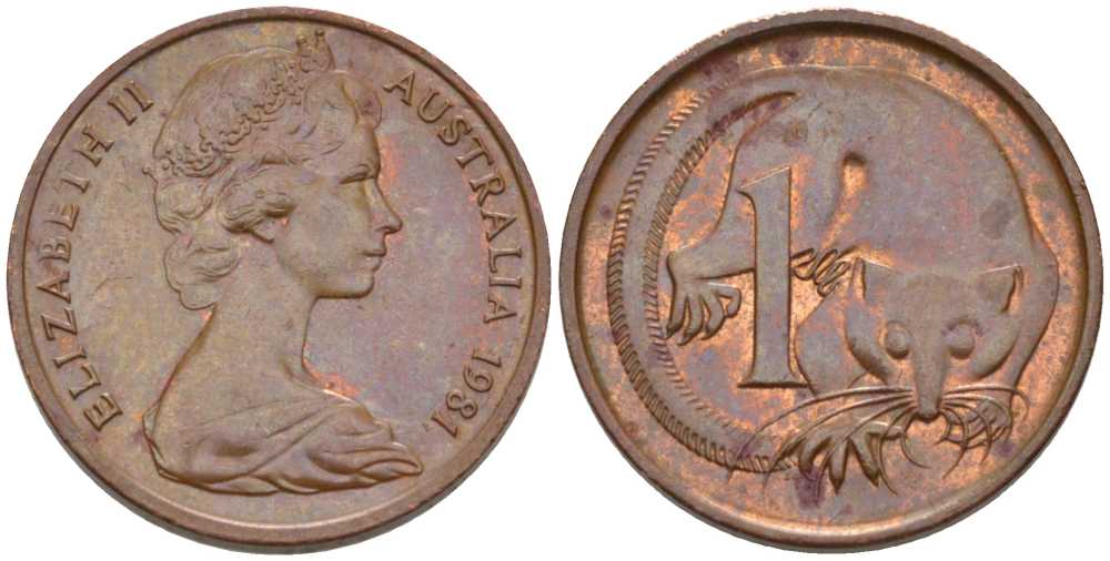 АВСТРАЛИЯ 1 ЦЕНТ 1981 ЕЛИЗАВЕТА II, МОЛОДОЙ ПОРТРЕТ, ОПОССУМ KM 62 бронза 100-861