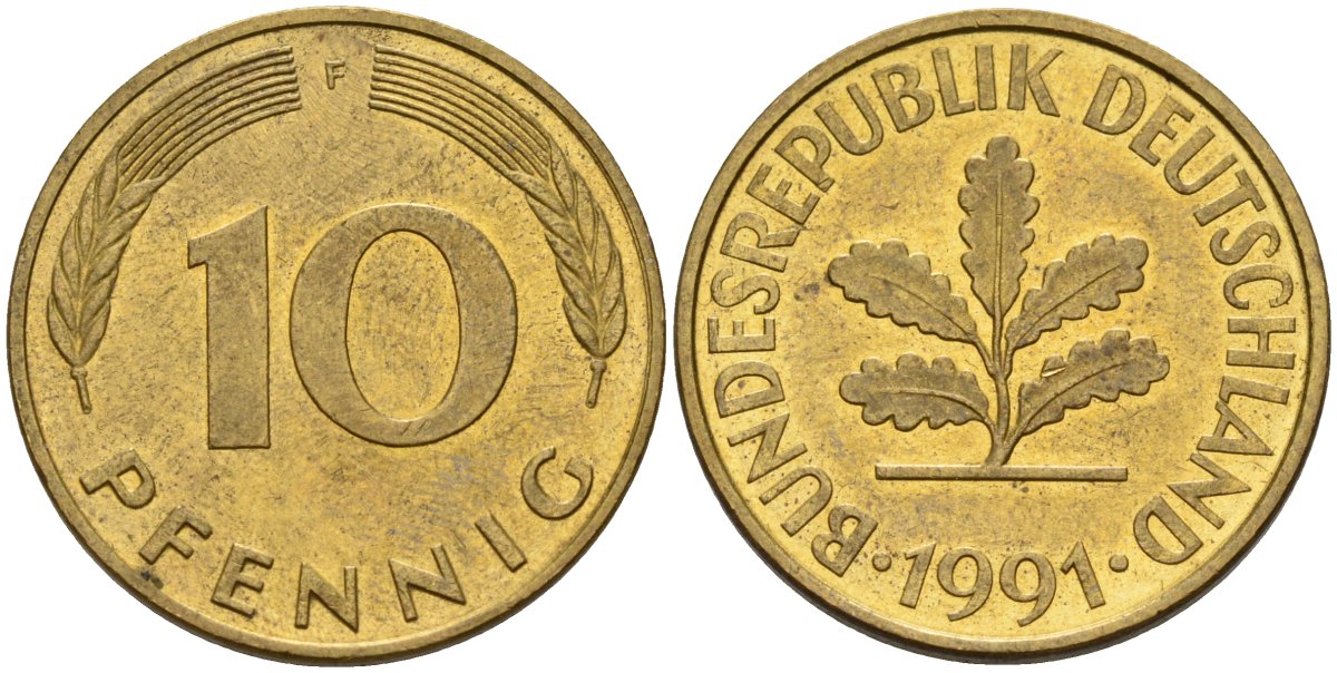 ФРГ 10 пфеннигов 1991 F KM 108, J. 383 сталь плакированная латунью 4175-1013
