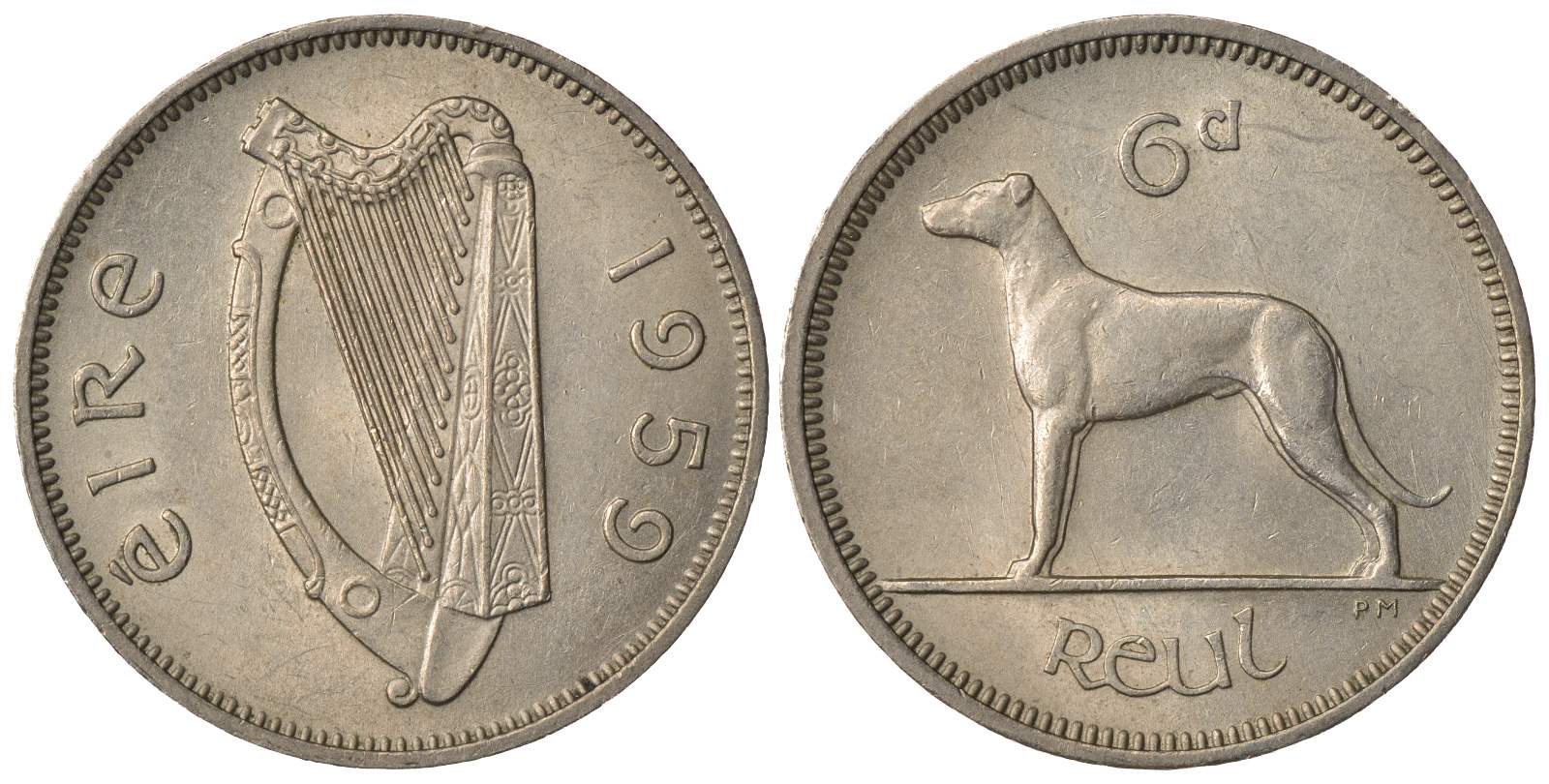 ИРЛАНДИЯ 6 ПЕНСОВ 1959 ИРЛАНДСКИЙ ВОЛКОДАВ KM 13a медно-никель 3334-311