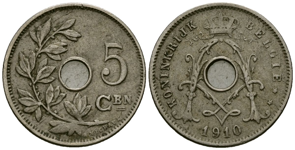Бельгия 5 сантимов 1910 Belgie KM 67 медно-никель 4173-163