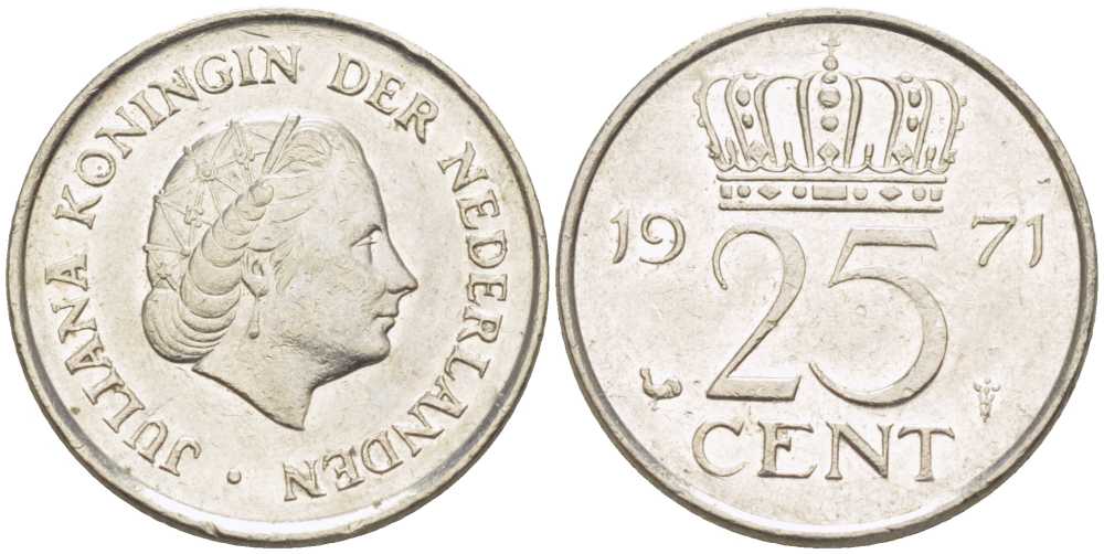 НИДЕРЛАНДЫ 25 ЦЕНТОВ 1971 ЮЛИАНА (1948-1980) KM 183 никель 214-958