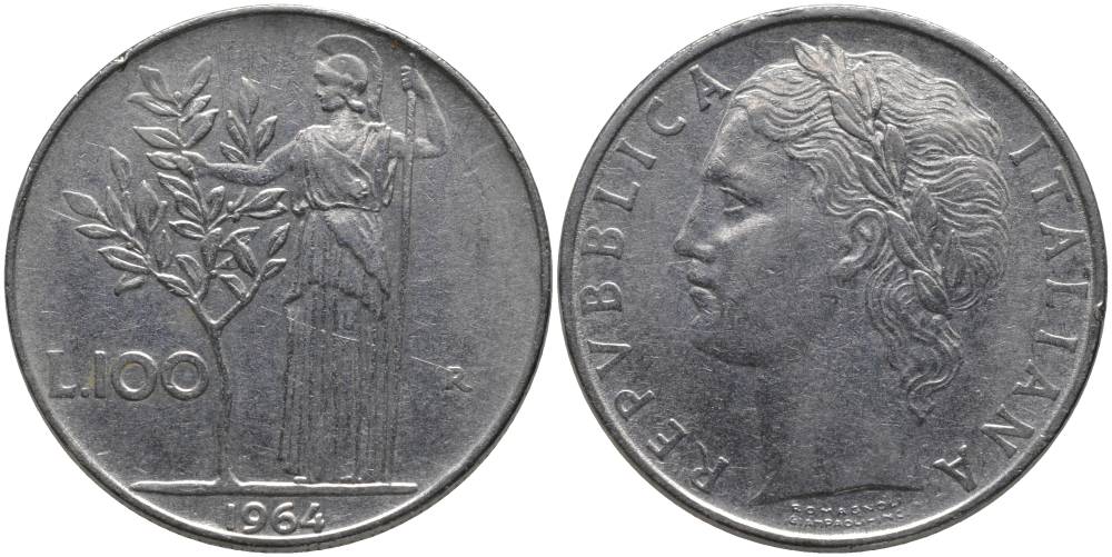 ИТАЛИЯ 100 ЛИР 1964 R, АФИНА KM 96.1 нержавеющая сталь 32-526