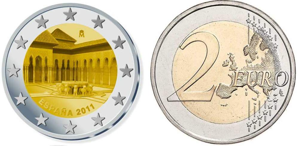 ИСПАНИЯ 2 ЕВРО 2011 ЮНЕСКО - АЛЬГАМБРА, ХЕНЕРАЛИФЕ И АЛЬБАСИН В ГОРОДЕ ГРАНАДА KM 1184 биметалл UNC M45-07