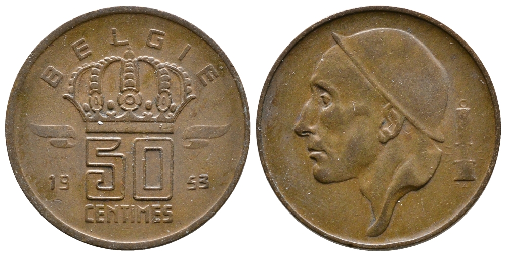 БЕЛЬГИЯ 50 САНТИМОВ 1953 BELGIE KM 145 бронза 4383-1133