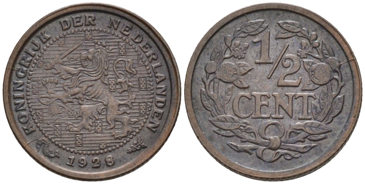 Нидерланды 1/2 цента 1928 Вильгельмина (1890-1948) KM 138 бронза 4588-945