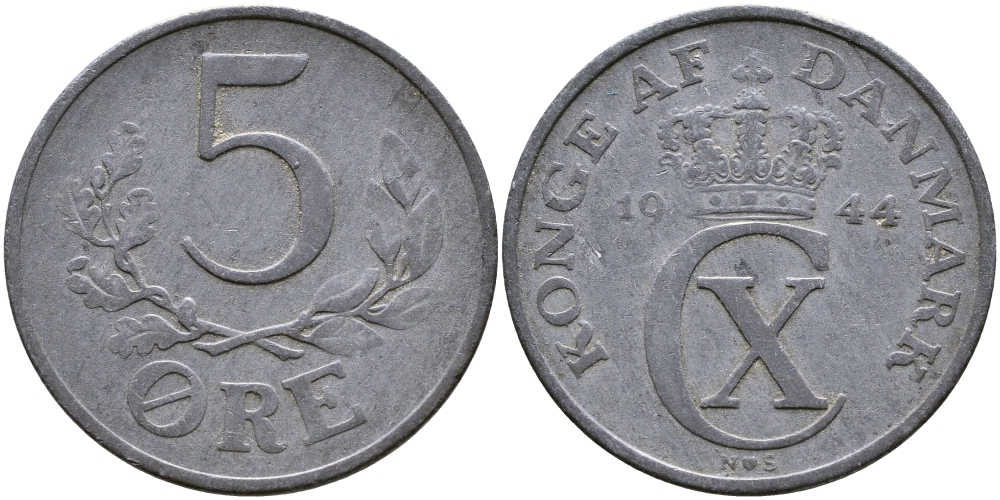 ДАНИЯ 5 ЭРЕ 1944 N; S, КРИСТИАН X (1912-1947) KM 834a цинк 72-124