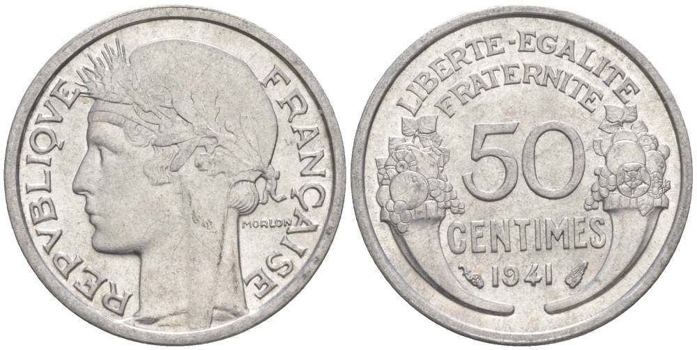 ФРАНЦИЯ 50 САНТИМОВ 1941 ТИП MORLON LOURDE KM 894.1a, LE FRANC 193.2 алюминий 44-267