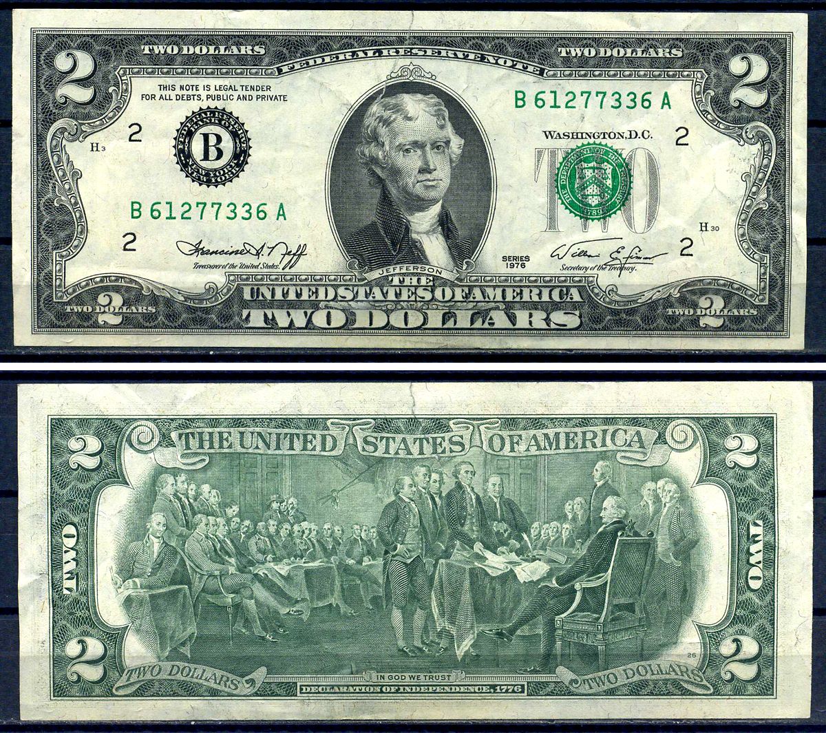 США 2 доллара 1976 Томас Джефферсон, B - New York (NY) (Нью-Йорк), серия B 61277336 A Pick 461  бумага   8601-25-1-1