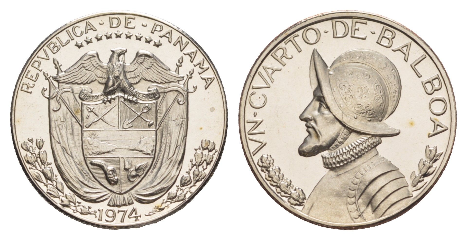 Панама 1/4 бальбоа (25 сентесимо) 1974 тираж 18.000 экземпляров KM 11.2a медь плакированная медно-никелем PROOF 1522-424