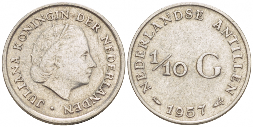 Нидерландские Антилы 1/10 гульдена 1957 Юлиана (1948-1980) KM 3 серебро 112-1055