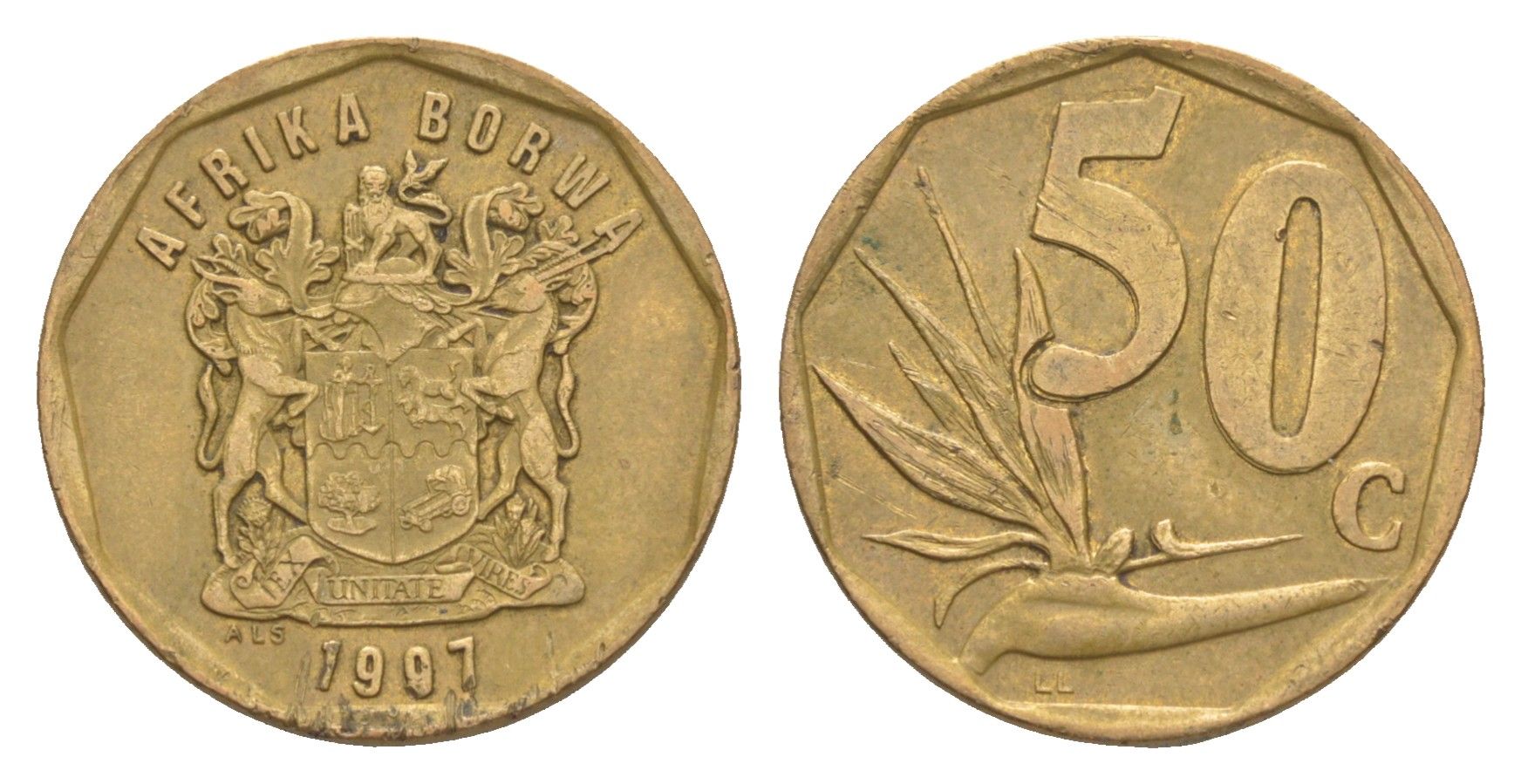 ЮАР 50 центов 1997 Зантедеския Эллиота (калла), герб KM 163 сталь плакированная бронзой 4618-638