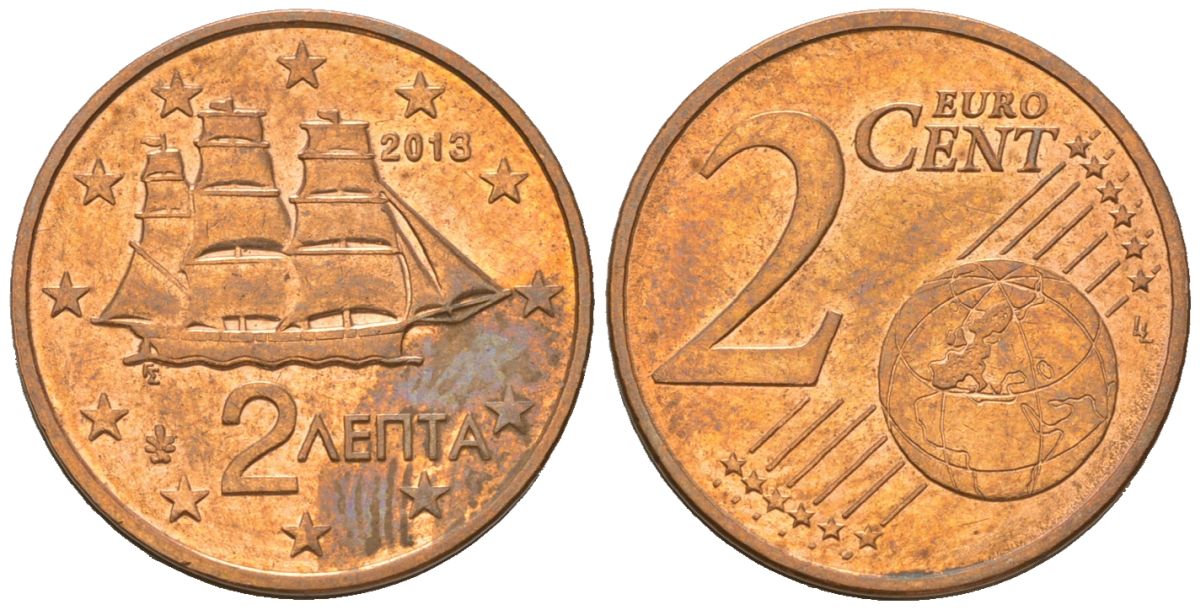 Греция 2 евроцента 2013 KM 182 сталь плакированная медью aUNC 4539-832