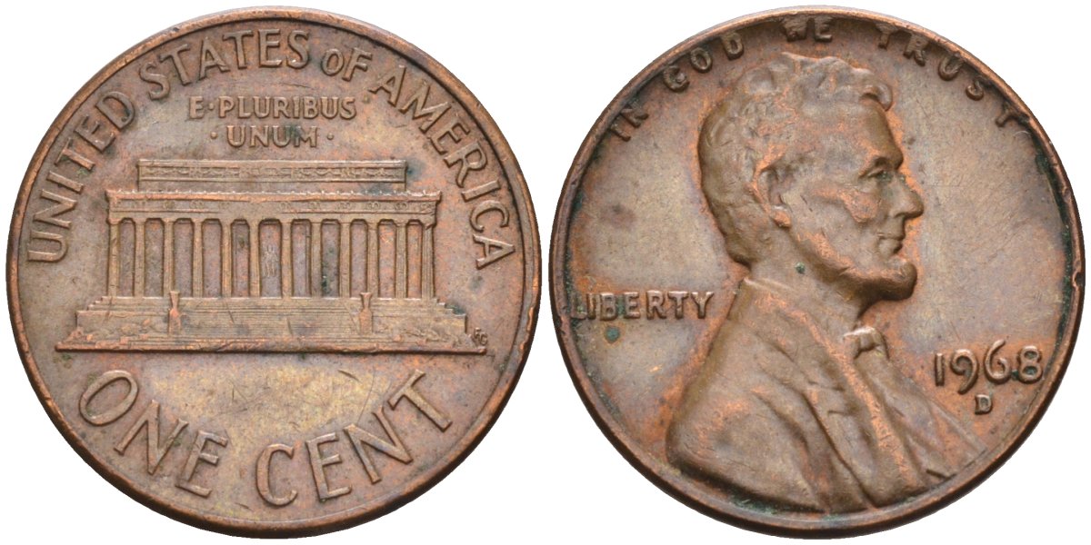 США 1 цент 1968 D, Линкольн KM 201 медь цинк 4115-844