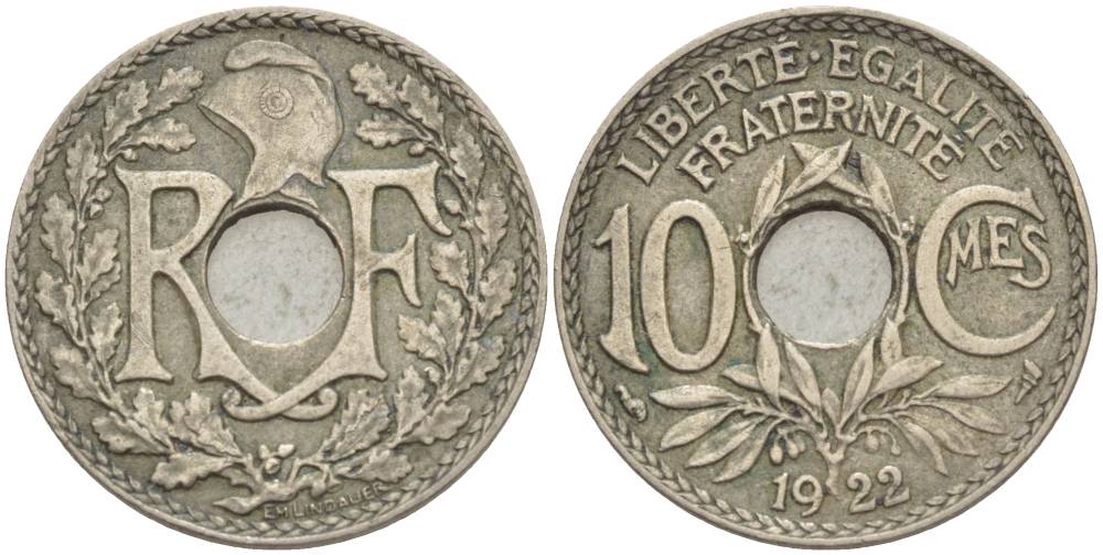 ФРАНЦИЯ 10 САНТИМОВ 1922 tb, ТИП ЛИНДАЙЁ, МОНЕТНЫЙ ДВОР ПУАССИ, МОЛНИЯ KM 866а, LE FRANC 138.7 медно-никель 4544-337