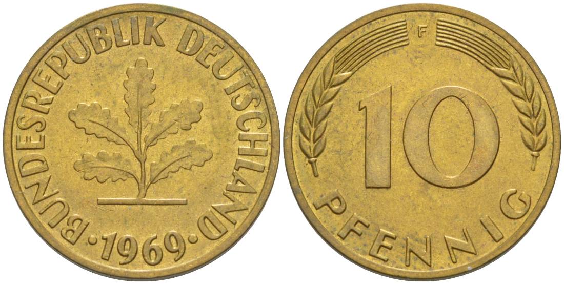 ФРГ 10 ПФЕННИГОВ 1969 F KM 108, J. 383 сталь плакированная латунью 219-433
