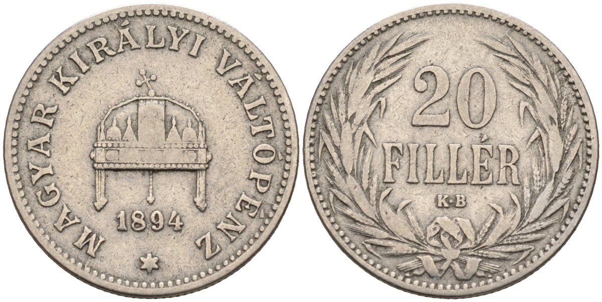 Венгрия 20 филлеров 1894 КВ, Франц Иосиф I (1848-1916) KM 483 никель 4584-121