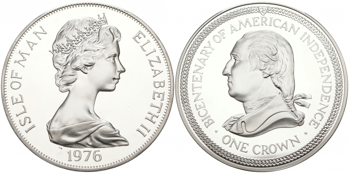 Остров Мэн 1 крона 1976 200 лет независимости США, Джордж Вашингтон KM 37a серебро PROOF 02-035-41