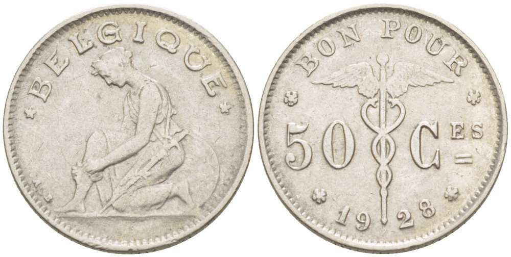 БЕЛЬГИЯ 50 САНТИМОВ 1928 BELGIQUE KM 87 никель 100-1039