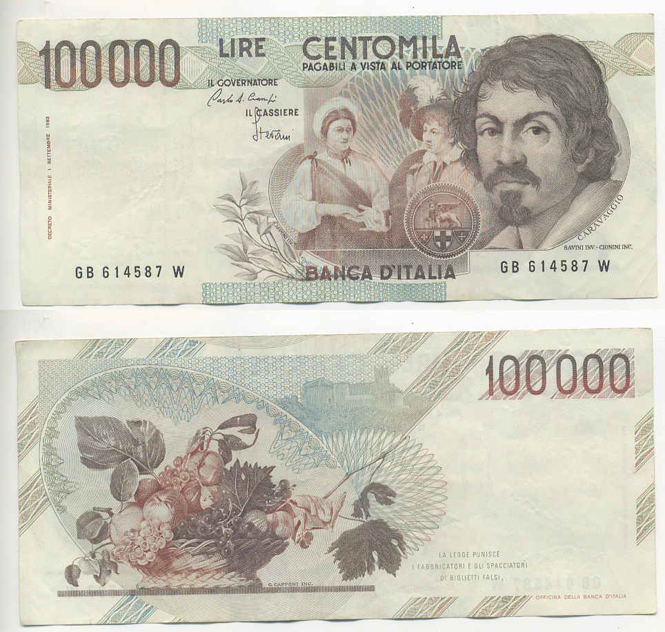 Италия 100000 лир 1983 Караваджо, фруктовый букет, подпись Speziali Pick 110b бумага 7220-29-2