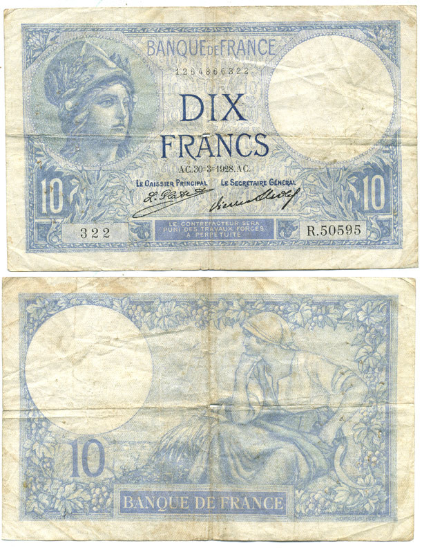 ФРАНЦИЯ 10 ФРАНКОВ 1928 Pick 73d бумага 7551-26-3-1