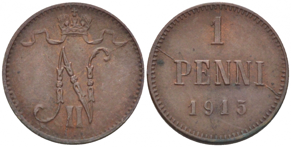РОССИЯ ДЛЯ ФИНЛЯНДИИ 1 ПЕННИ 1915 НИКОЛАЙ II KM 13, Биткин 475 медь 261-1123