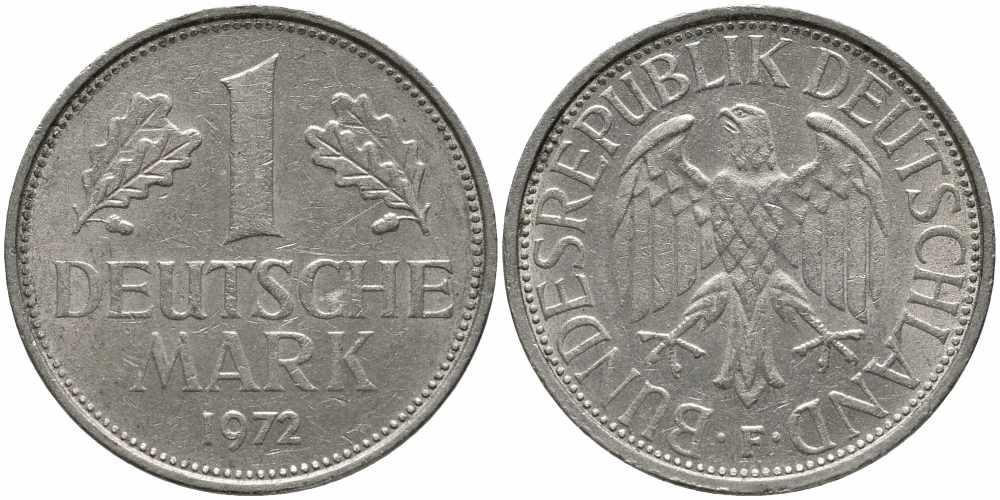 ФРГ 1 МАРКА 1972 F KM 110, J. 385 медно-никель 113-155