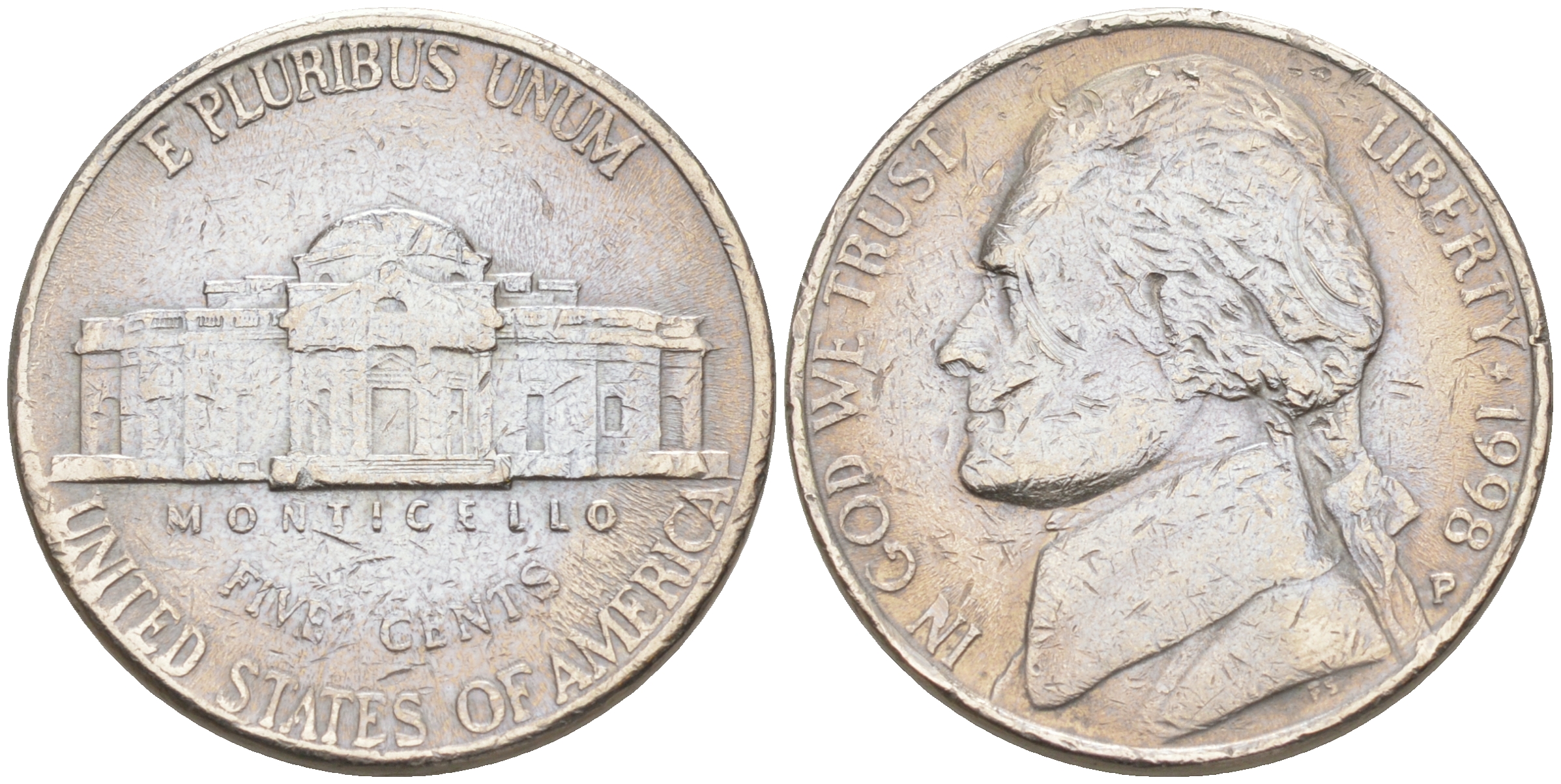 США 5 ЦЕНТОВ 1998 P ДЖЕФФЕРСОН KM A192 медно-никель 190-224