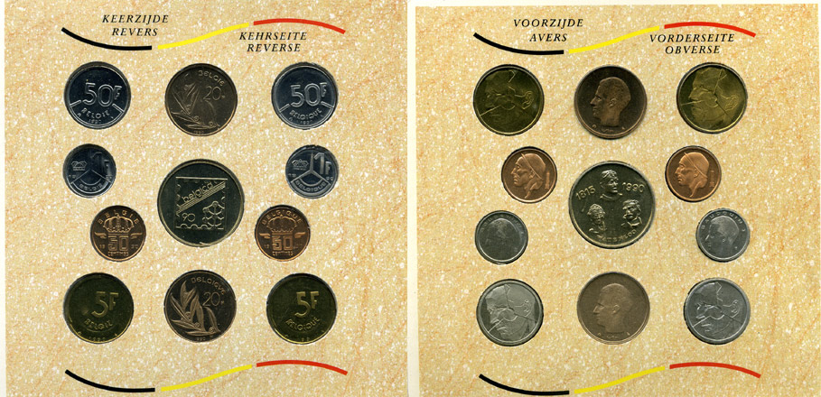 Бельгия набор из 10 монет + жетон монетного двора 1990 Belgie-Belgique, 175 лет битве при Ватерлоо (1815-1990), в оригинальном буклете, в запайке  KM MS 2   BUNC  6-5-3-16