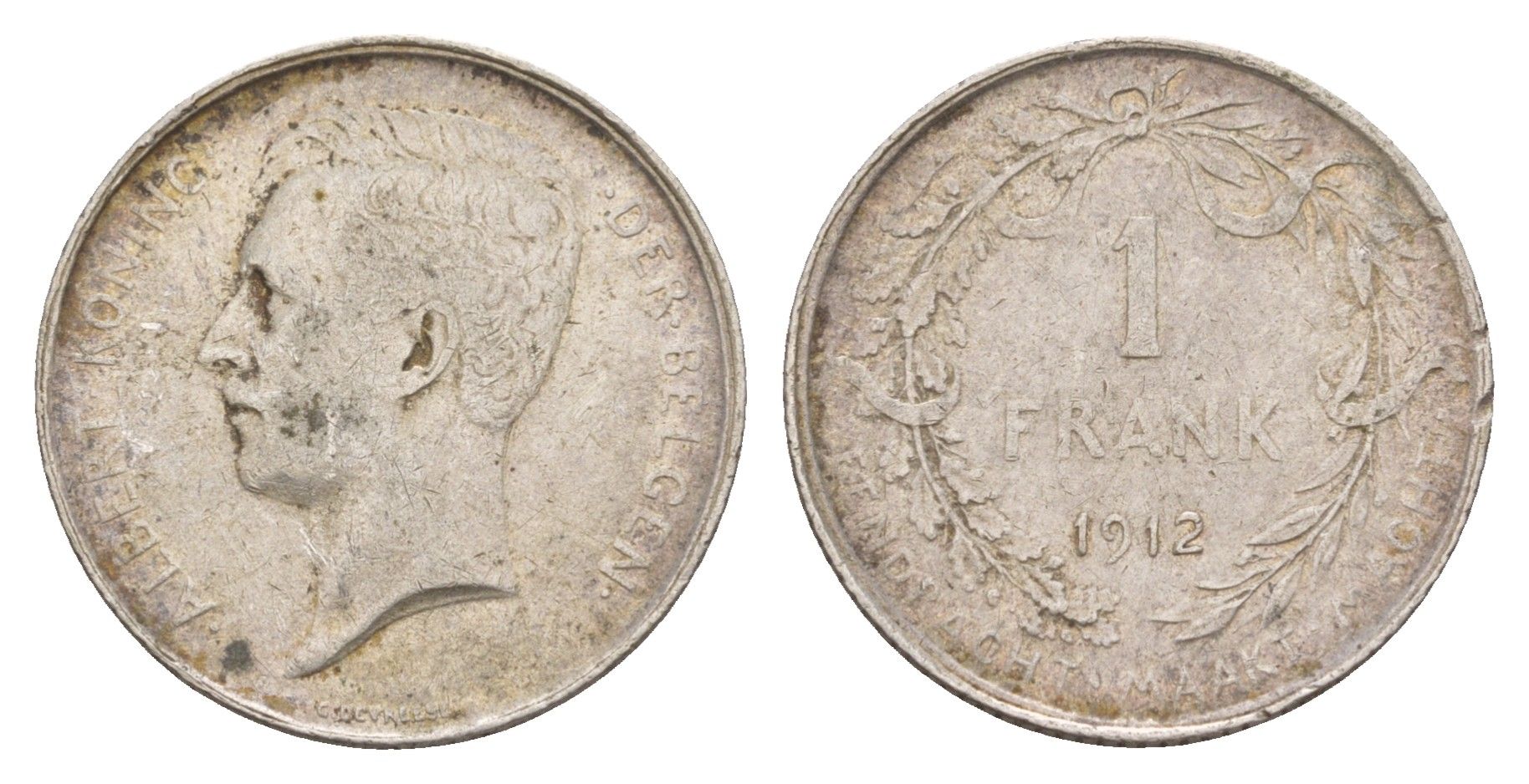 Бельгия 1 франк 1912 Belgen, Альберт I (1909-1934) KM 73.1 серебро 4654-912