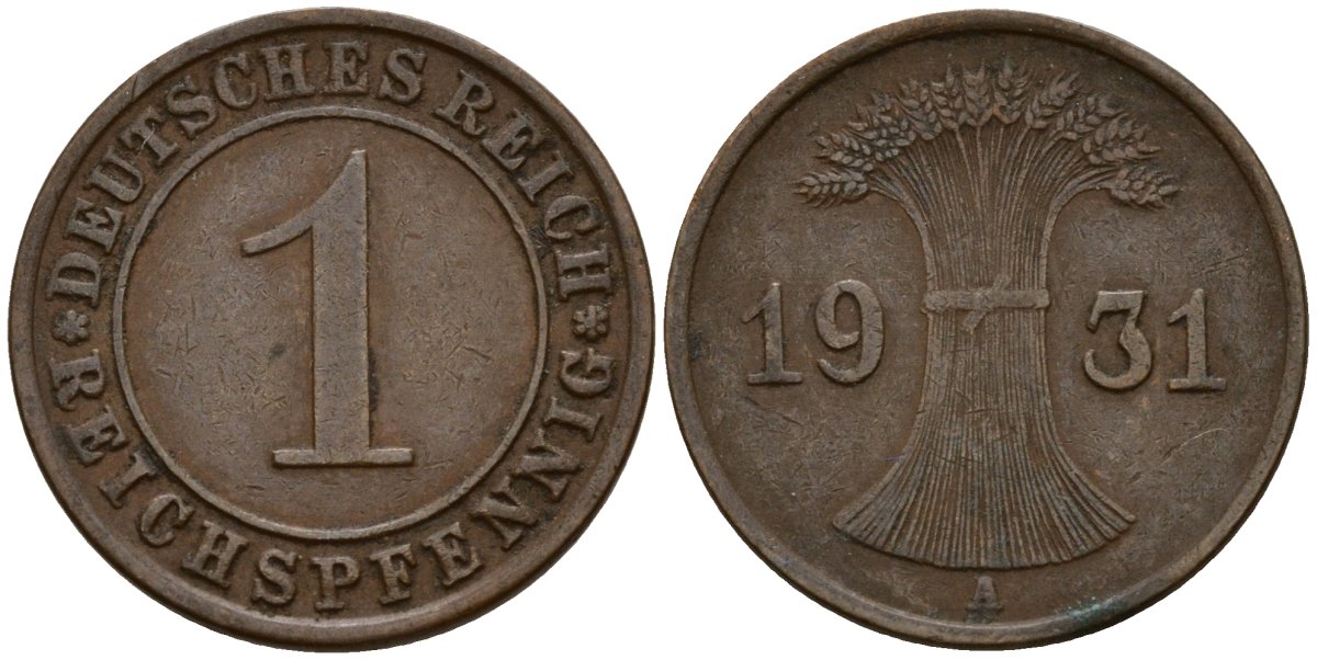 Германия 1 рейхспфенниг 1931 A KM 37, J. 313 бронза 4189-817