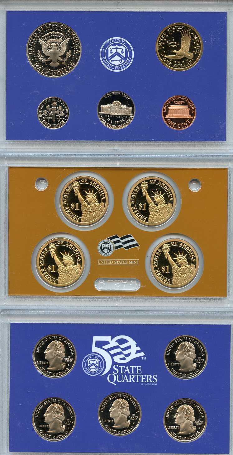 США официальный набор из 14 монет, в 3 пластиковых сетах 2008 годовой набор и юбилейные монет (1 доллар и 25 центов), в оригинальной коробке, сертификат KM PS 232   PROOF  8-2-03-14