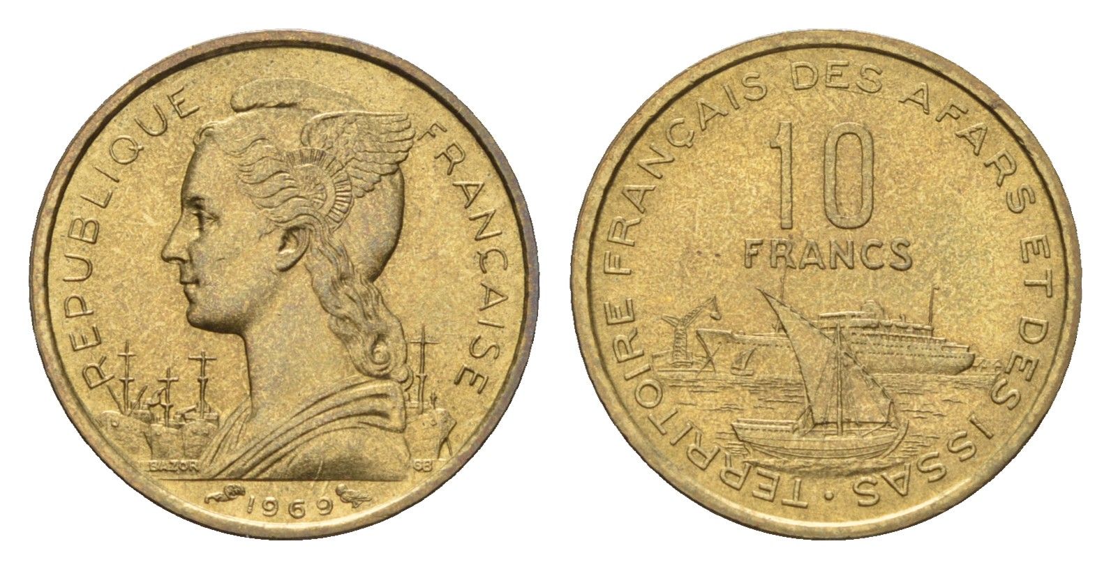 Французские афар и исса 10 франков 1969 KM 17 медь алюминий никель UNC 4127-1922