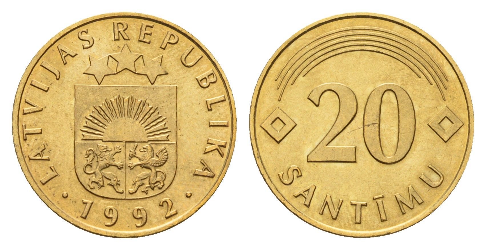 Латвия 20 сантимов 1992 KM 22.1 никель латунь UNC 4679-315