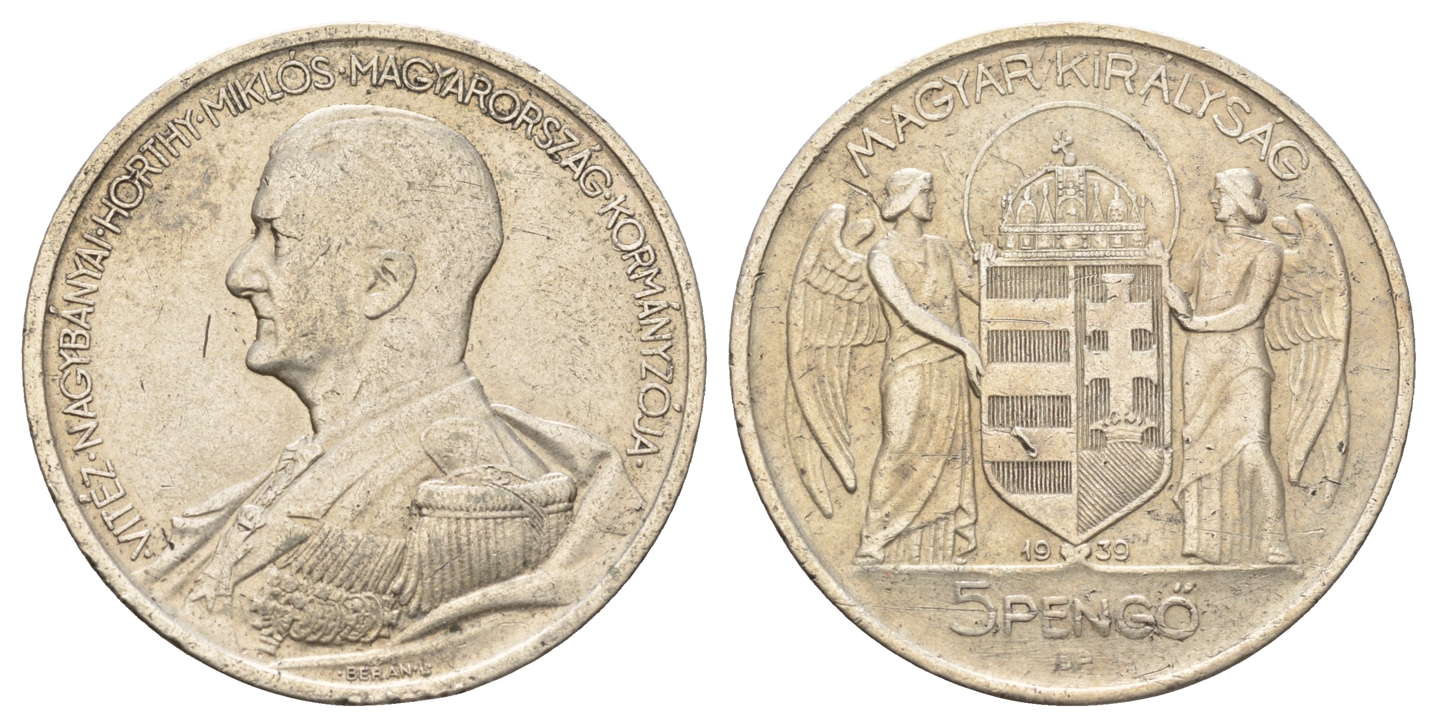 Венгрия 5 пенге 1939 Адмирал Хорти KM 517 серебро 270-1443