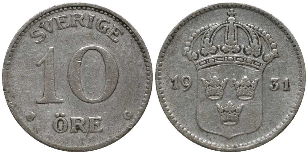 Швеция 10 эре 1931 G, Густав V (1907-1950) КМ 780 серебро 201-1114