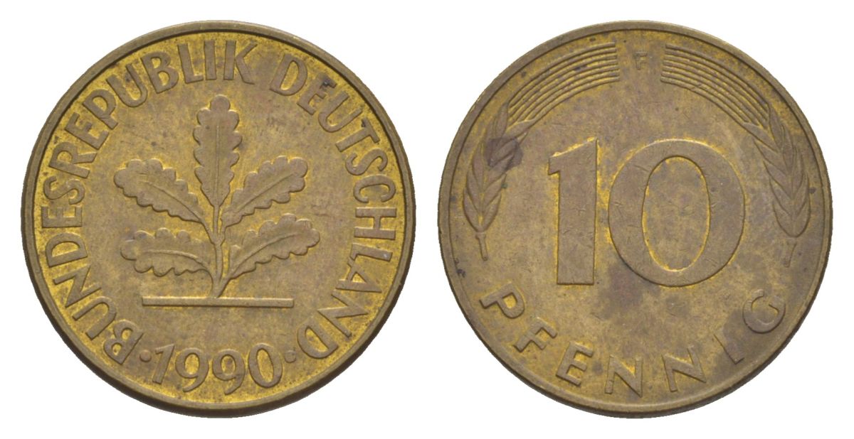 ФРГ 10 пфеннигов 1990 F KM 108, J. 383 сталь плакированная латунью 4627-125
