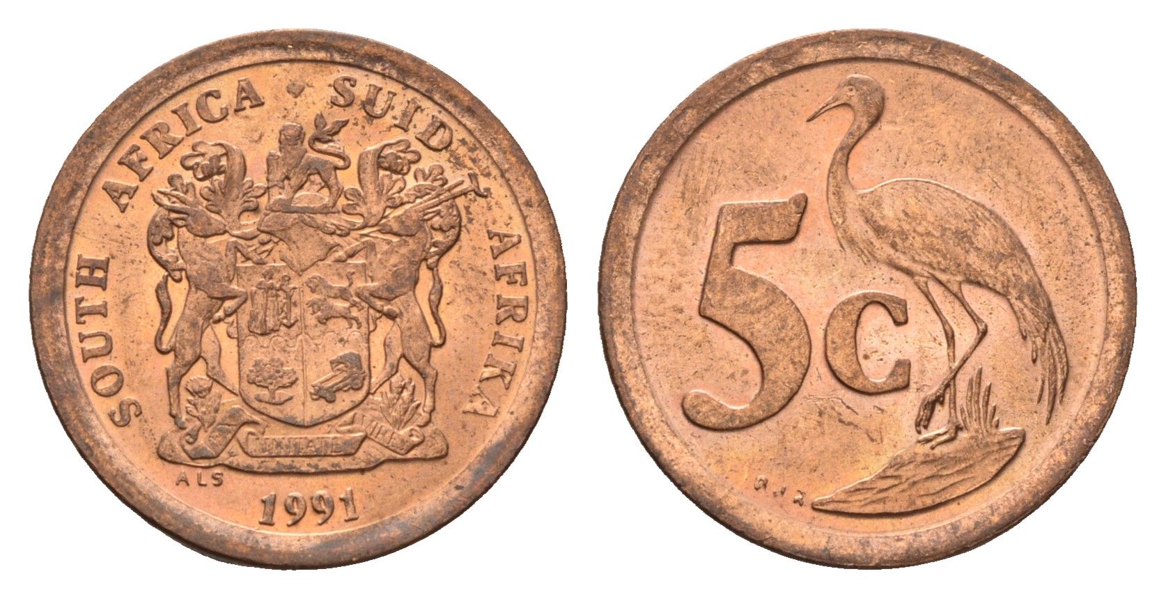 ЮАР 5 центов 1991 герб, райский журавль KM 134 сталь плакированная медью UNC 4687-149