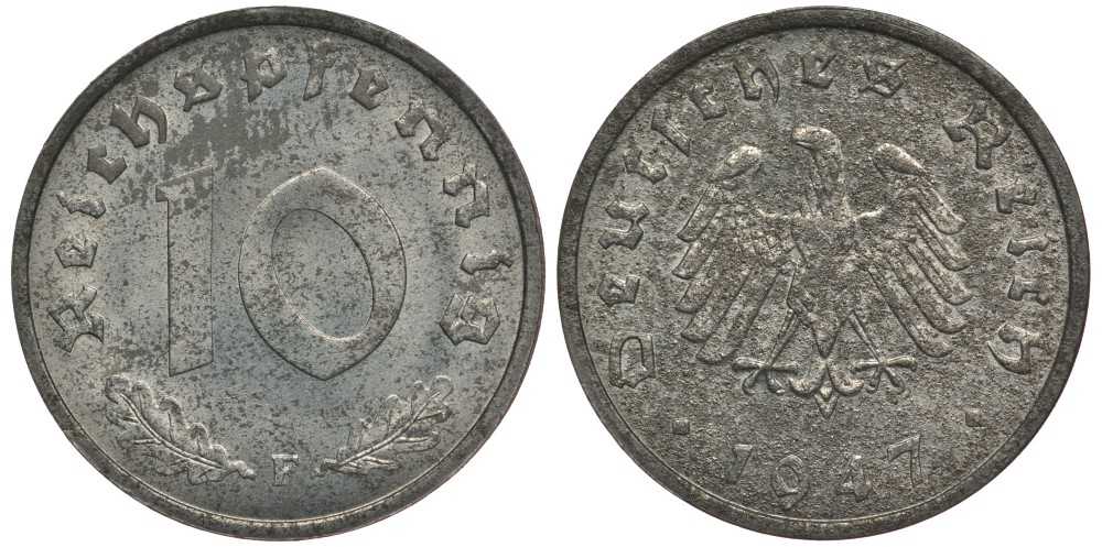 Германия 10 рейхспфеннигов 1947 F, оккупация Германии союзными войсками J. 375, KM A104 цинк UNC 4127-1231