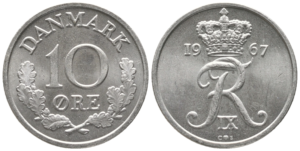 Дания 10 эре 1967 C; S, Фредерик IX (1947-1972) KM 849.1 медно-никель UNC 100-1146