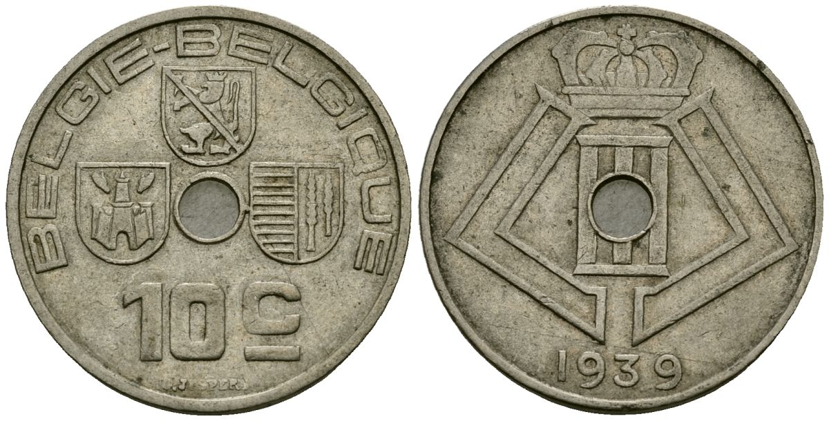 Бельгия 10 сантимов 1939 Belgie - Belgique KM 113 никель латунь 4121-651