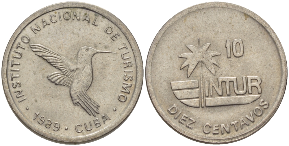 Куба 10 сентаво 1989 туристические деньги, INTUR, цифры номинала маленькие KM 415.2а медно-никель 67-1114
